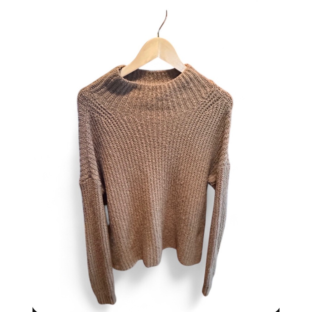 Anthropologie Women Small Taupe Brown Mock Neck Chunky Ribbed Knit Sweater